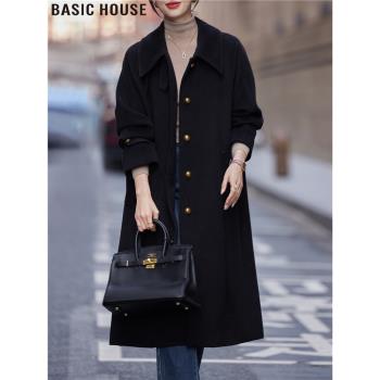 Basic House/百家好赫本風黑色翻領毛呢外套長款呢子大衣女士春季