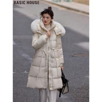 Basic House/百家好2024冬季新款思妤毛領收腰白鴨絨羽絨服外套女