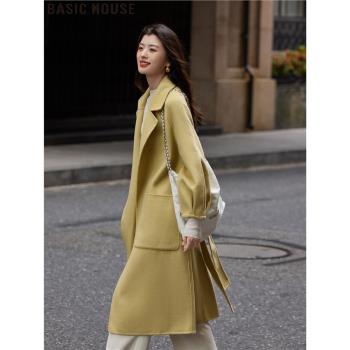 Basic House/百家好時尚燈籠袖系帶長款100%綿羊毛呢子外套女春季