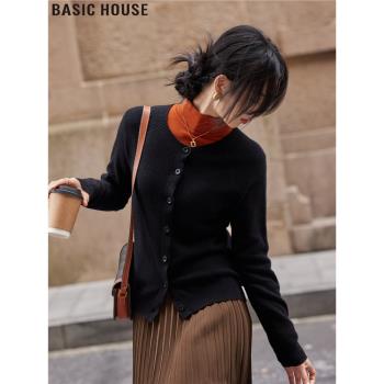 Basic House/百家好至簡黑調慵懶軟糯圓領針織開衫女春季毛衣外套