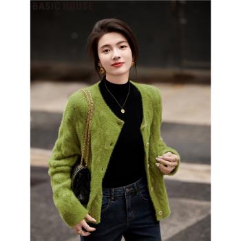 Basic House/百家好綠色時尚百搭休閑短款針織外套女2025春季新款