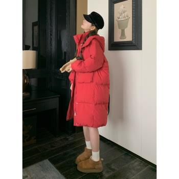 紅色羽絨服女冬季2024新款韓系小個子中長款連帽加厚白鴨絨外套