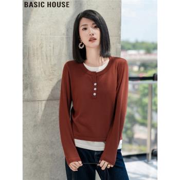 Basic House/百家好新年紅色假兩件圓領針織衫女款春季內搭打底衫