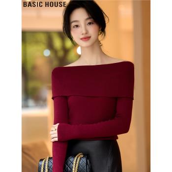 Basic House/百家好小香風安可拉紅一字肩羊毛針織打底衫女款春季