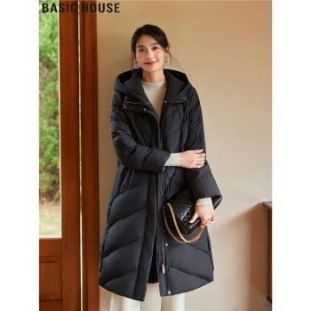 Basic House/百家好2024冬季新款山隨連帽過膝白鴨絨羽絨服外套女