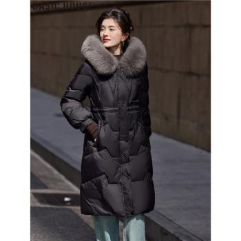 Basic House/百家好2024冬季新款品質毛領連帽白鴨絨羽絨服外套女