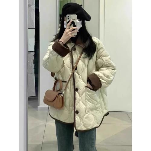 美式棉服女短款秋冬2026年新款撞色翻領寬松菱格夾棉保暖外套冬裝