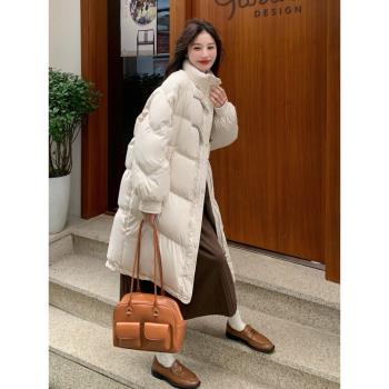 白色牛角扣羽絨棉服女2024新款冬季厚外套韓系溫柔中長款棉衣棉襖