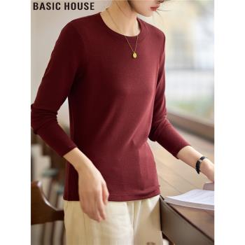 Basic House/百家好安可拉紅圓領長袖T恤簡約內搭打底衫女士春季