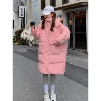粉色羽絨服女中長款2024冬季新款韓系溫柔甜美連帽加厚白鴨絨外套