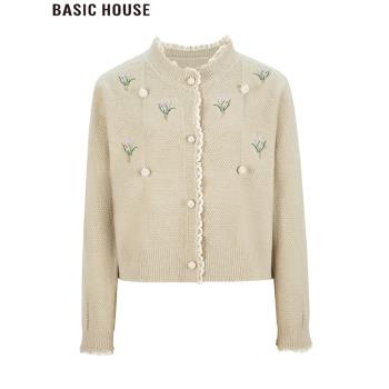Basic House/百家好蕾絲花邊圓領針織開衫外套2025年春季新款女裝