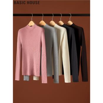 Basic House/百家好半高領羊毛針織衫女款春季修身顯瘦長袖打底衫