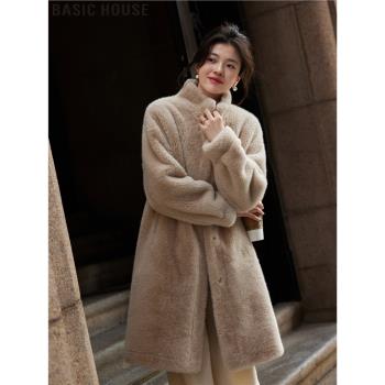 Basic House/百家好長款仿水貂絨環保皮草大衣女秋冬季毛茸茸外套