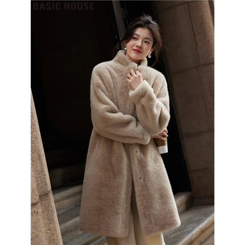 Basic House/百家好長款仿水貂絨環保皮草大衣女秋冬季毛茸茸外套