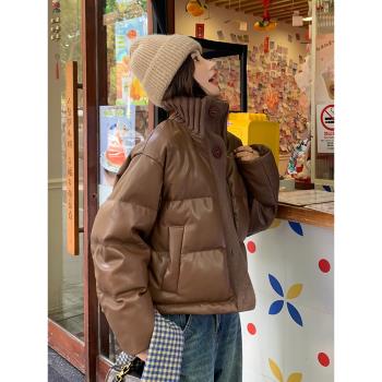 咖色皮衣羽絨服女冬2024新款時尚美拉德小個子麵包服90白鴨絨外套