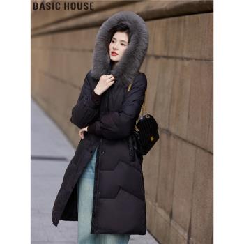 Basic House/百家好2024冬季新款一件過冬白鴨絨連帽羽絨服外套女