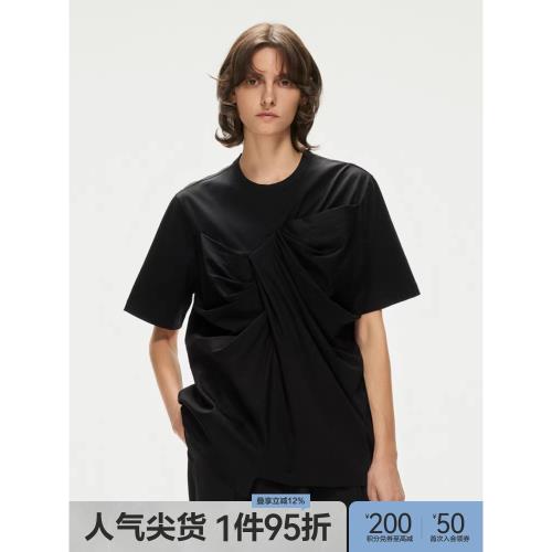 JNBY/江南布衣折扣春夏T恤女短袖上衣蝴蝶結寬松棉質中長款