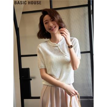 Basic House/百家好新中式盤扣薄款冰絲短袖針織衫女2025夏季新款