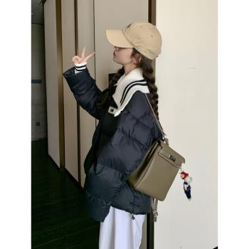 黑色短款羽絨服女冬2024新款韓系設計感麵包服蓬鬆90白鴨絨外套