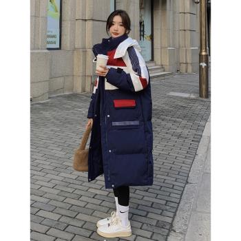 撞色羽絨棉服女中長款2024今年流行爆款冬裝設計感厚外套棉衣棉襖