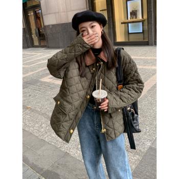 軍綠色菱格羽絨棉服女2024冬季新款韓版時尚學院風輕薄棉衣外套潮