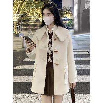 牛角扣毛呢外套女短款2024年秋冬季新款呢子大衣小個子高階感米色