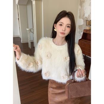 小香風妃兒立體花朵圓領短款毛衣