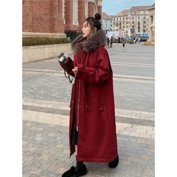 冬季新款紅色工裝大碼胖mm寬松連帽派克服內膽加絨加厚棉服外套女
