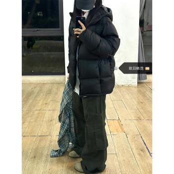 大碼黑色羽絨棉服女2024新款寬松連帽加厚短款麵包服秋冬季棉外套