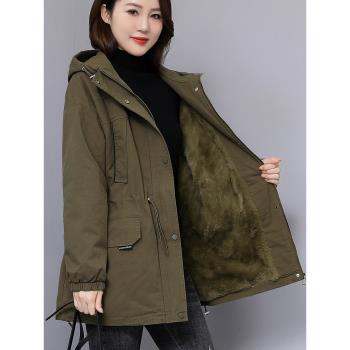 加絨派克棉服外套女中長款韓版顯瘦中年媽媽冬裝新款連帽加厚棉衣