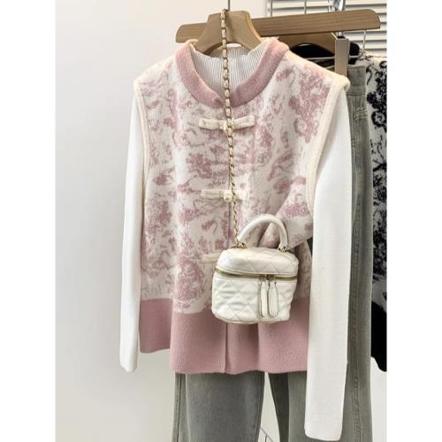 新中式國風粉色毛呢馬甲背心外套女2025秋冬新款大碼胖mm疊穿上衣