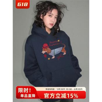 明星歐陽娜娜同款藏青色連帽加絨衛衣秋冬女裝美式復古慵懶風外套