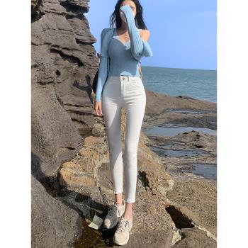 白色牛仔褲女高腰2025年新款小個子緊身顯瘦八分小腳鉛筆大碼褲子