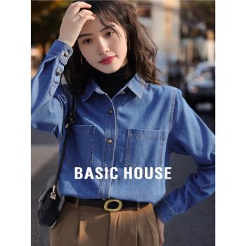 Basic House/百家好藍色牛仔襯衫外套女春季內搭疊穿休閑翻領上衣