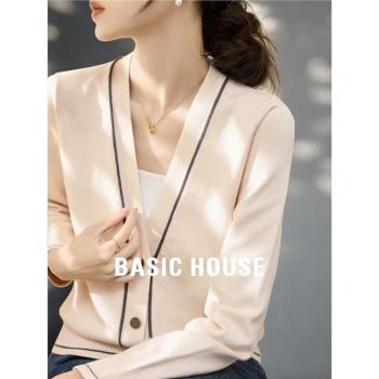 Basic House/百家好小香風v領針織開衫女春季打底衫杏色毛衣外套