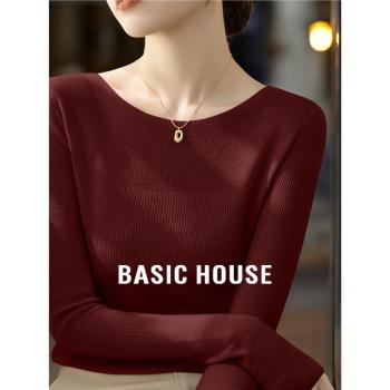 Basic House/百家好法式一字領長袖內搭女春季安可拉紅針織打底衫