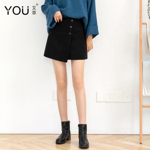毛呢短裙女秋冬季2025新款高腰A字裙百搭呢子裙黑色不規則半身裙