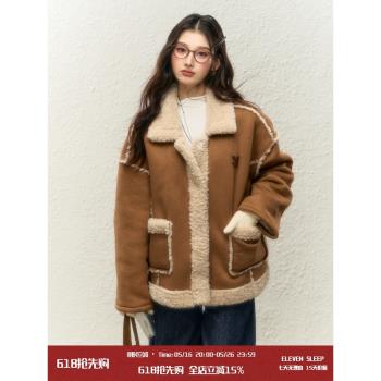 ELEVEN SLEEP秋冬棕色皮毛一體短外套女麂皮翻領夾克加厚保暖上衣