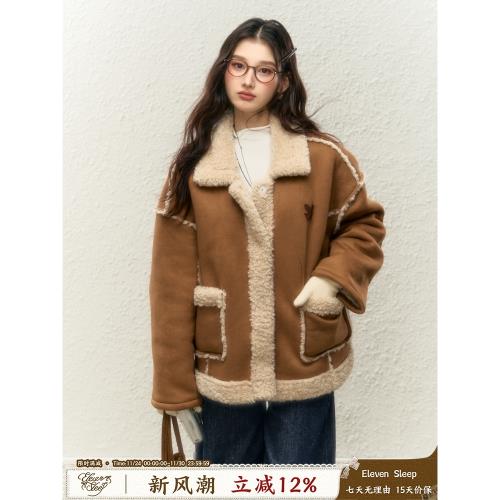 ELEVEN SLEEP秋冬棕色皮毛一體短外套女麂皮翻領夾克加厚保暖上衣
