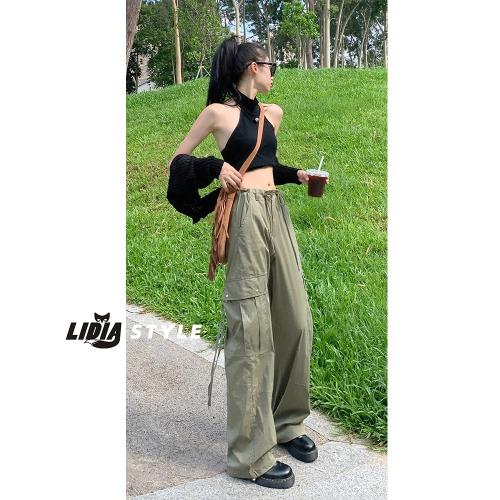 軍綠辣妹工裝褲牛仔褲女春夏降落傘速干休閑垂感寬松闊腿傘兵褲子