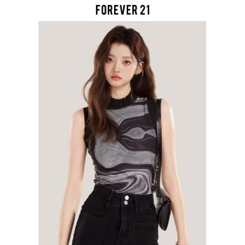 Forever 21美式黑色扎染無袖短背心女夏季小個子網紗顯瘦性感上衣