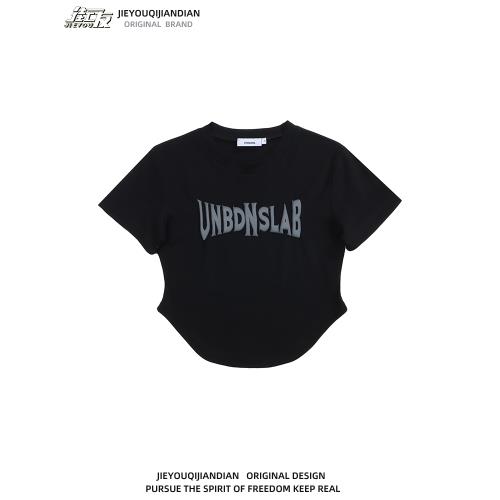 歐美式復古正肩發泡字母印花短袖t恤女設計感顯瘦辣妹短款上衣夏