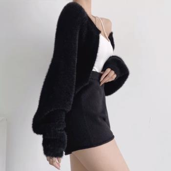 高階感黑色水貂絨毛衣外套女開衫法式春秋外搭披肩短款毛衣小坎肩
