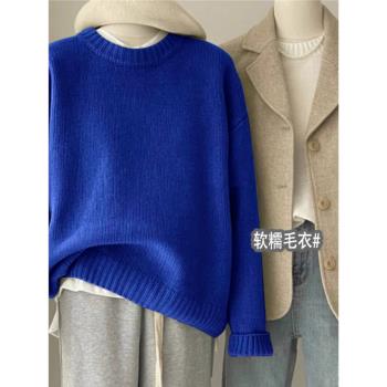 日系復古寶藍色毛衣女冬季寬松慵懶風圓領套頭內搭針織衫上衣加厚