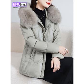 真皮羽絨服女中長款2025冬新款優雅媽媽狐貍毛領海寧綿羊皮衣外套