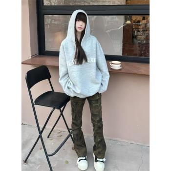 迷彩牛仔褲女春秋低腰辣妹修身緊身顯瘦高個子加長微喇叭工裝褲子