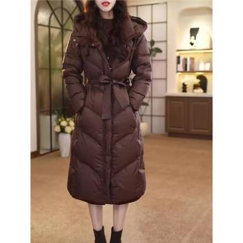 時尚洋氣加厚保暖中長款羽絨服女2025冬季新款女士連帽白鴨絨外套