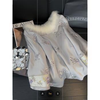毛領刺繡高階感上衣新中式輕奢名媛風2025春季一字領露肩兩穿襯衫