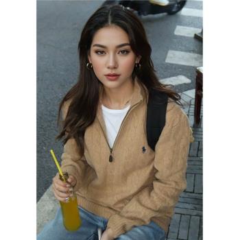 復古美拉德翻領半拉鏈麻花毛衣女秋冬季軟糯慵懶風高領針織衫上衣