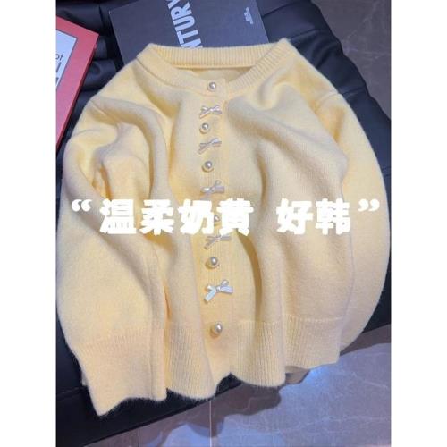 韓系溫柔奶黃色蝴蝶結針織開衫女秋冬季軟糯慵懶風浣熊絨毛衣外套